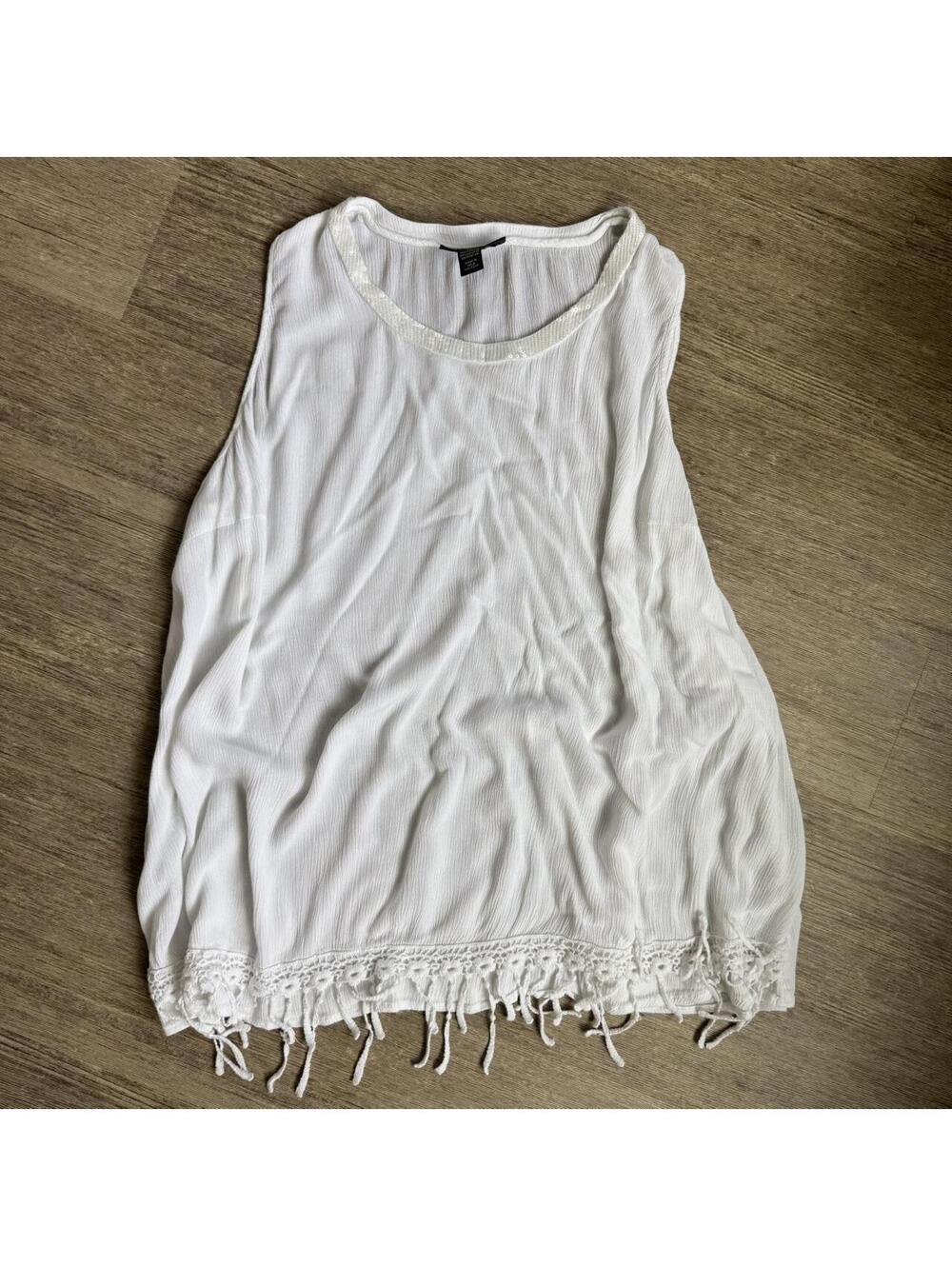 Style & Co. White Rayon Sleeveless Top with Crochet Fringe Detail XL